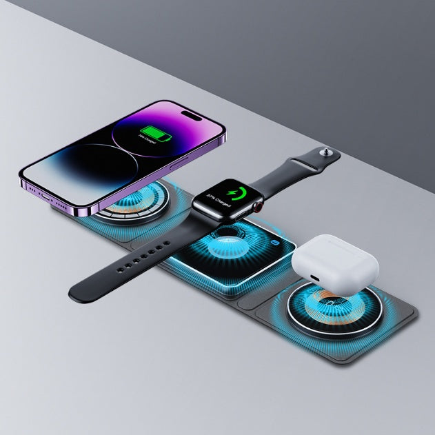 3 IN 1 Magnetic Folding Wireless Charger Station For iPhone Transparent Fast Charging for iWatch & Airpods