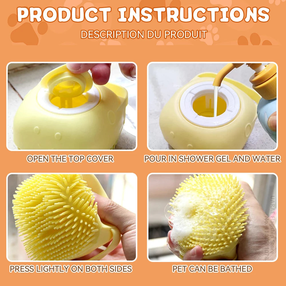 Dog Bath Brush Pet Grooming Brush - Soft Silicone Massage Brush with Shampoo Dispenser, Rubber Bristle for Dogs and Cats Shower Comb Supplies