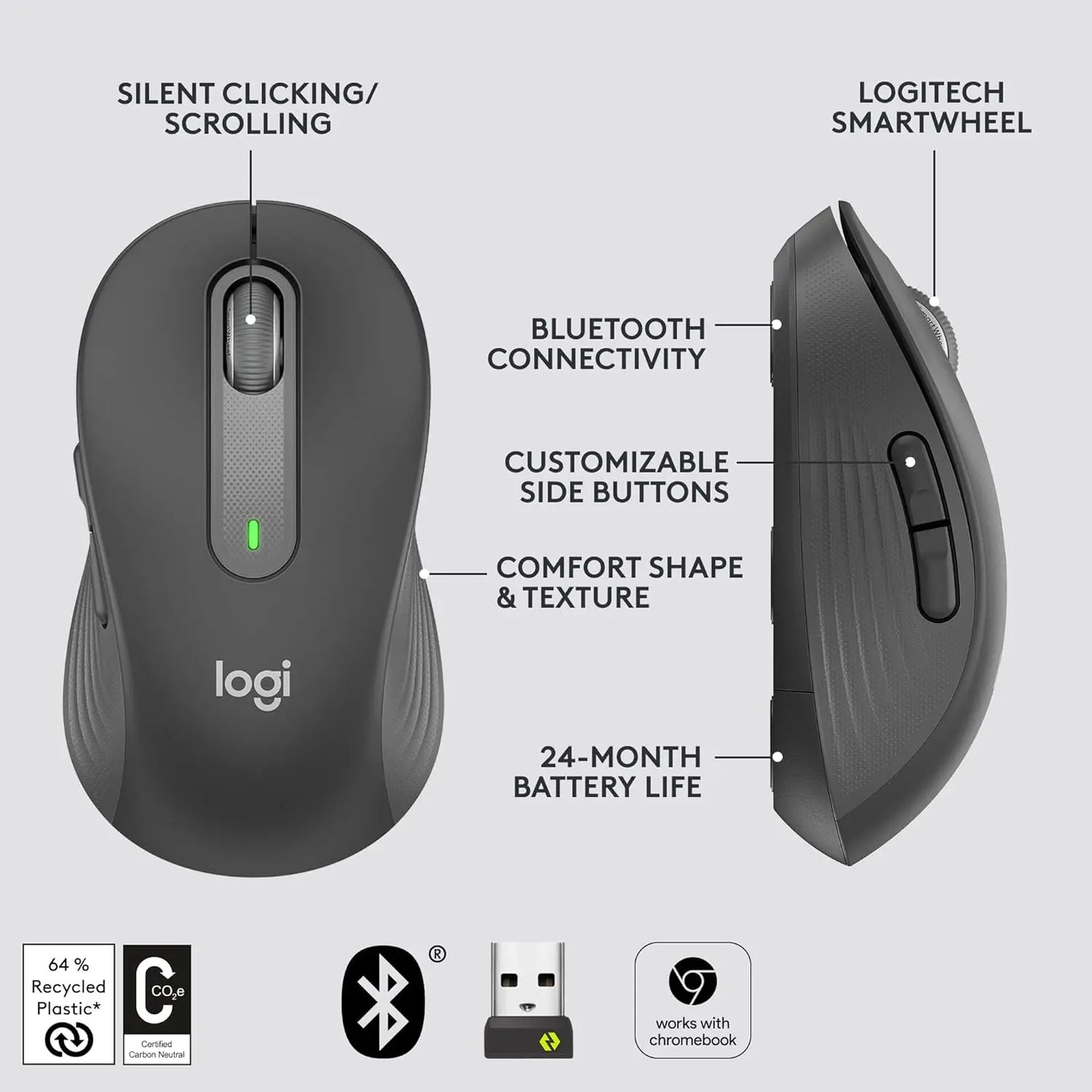 Logitech M650 Bluetooth Wireless Mouse - for Small to Medium Sized Hands, Silent Clicks, Customizable Side Buttons, for PC/Mac/Multi-Device