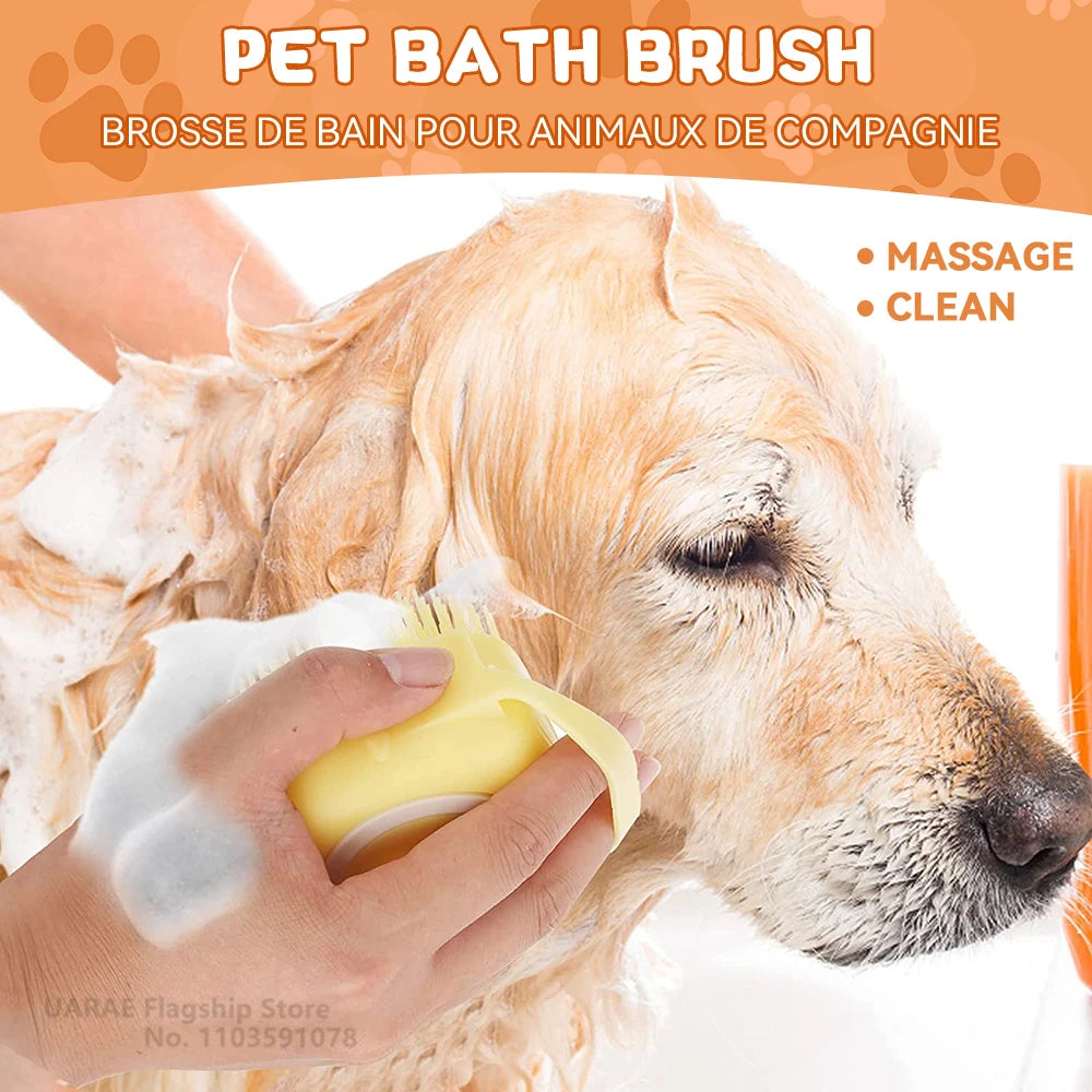 Dog Bath Brush Pet Grooming Brush - Soft Silicone Massage Brush with Shampoo Dispenser, Rubber Bristle for Dogs and Cats Shower Comb Supplies