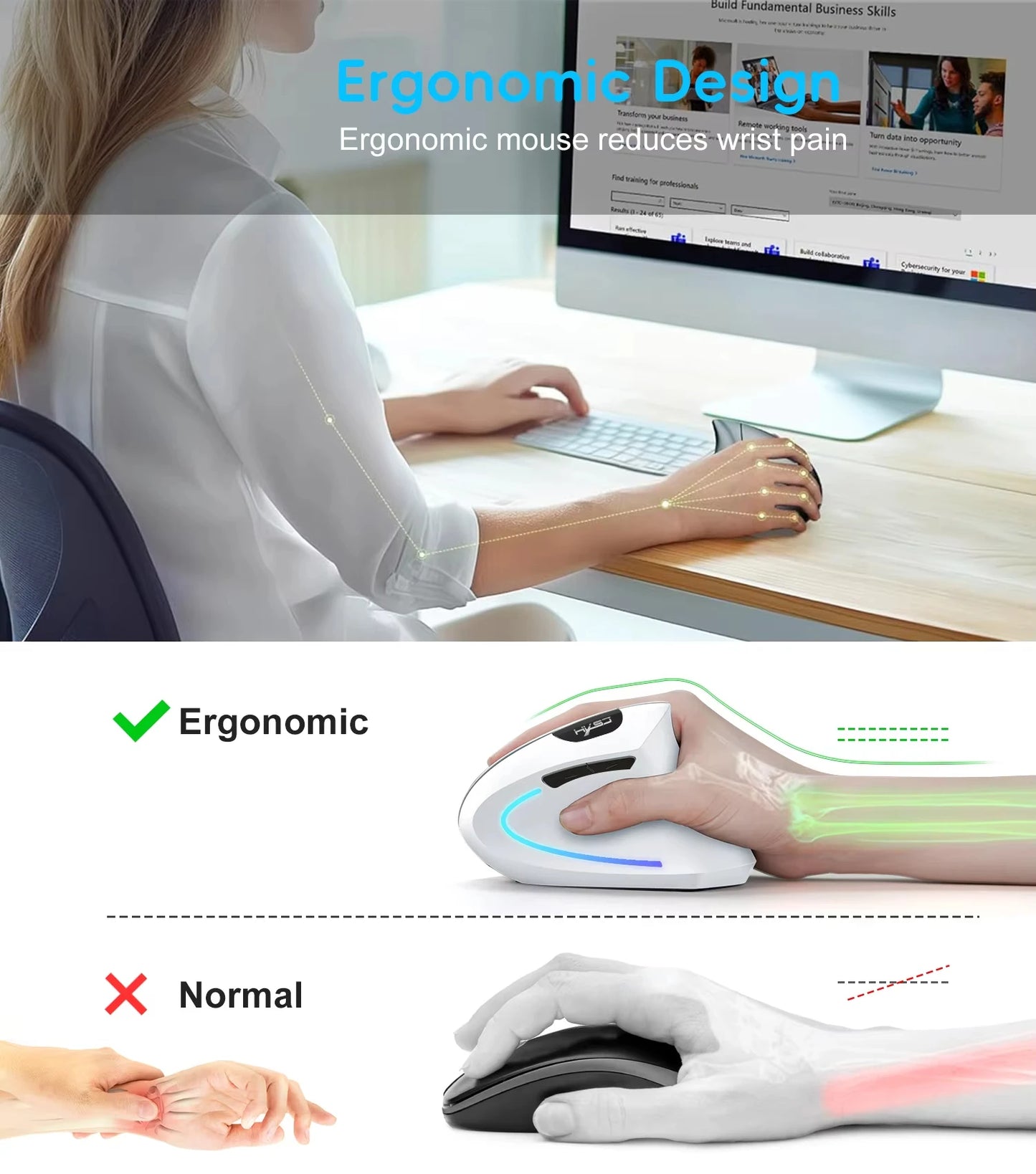 Rechargeable 2.4G Wireless Ergonomic Mouse, Bluetooth 5.1 Vertical Mouse, 2400 DPI Silent Mouse with 6 Adjustable DPI, 6-Button for Laptop, PC, MacBook, iPad