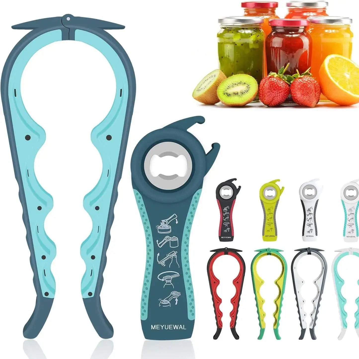 Easy Jar Bottle Opener, Manual Can Opener, 4-in-1 Multi Function Jar Openers, Simple to Use for Children, Elderly and Arthritis Sufferers, Silicone Hand Gripper Aid