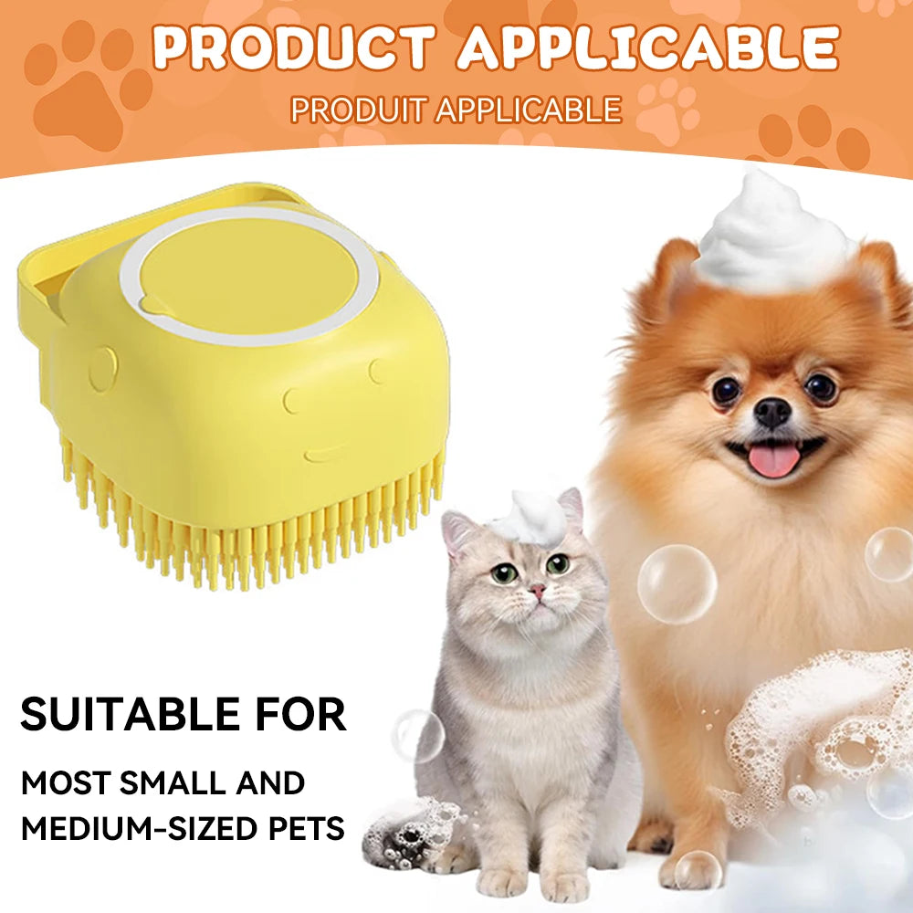 Dog Bath Brush Pet Grooming Brush - Soft Silicone Massage Brush with Shampoo Dispenser, Rubber Bristle for Dogs and Cats Shower Comb Supplies