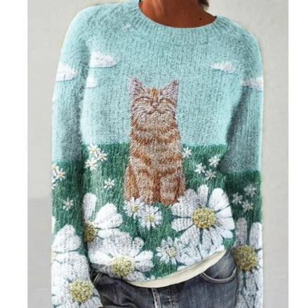 Womens 3D Digital-Print Crew-Neck Long-Sleeve Sweatshirt Top