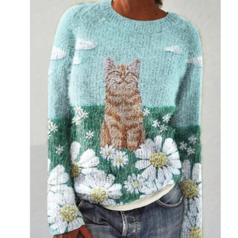 Womens 3D Digital-Print Crew-Neck Long-Sleeve Sweatshirt Top