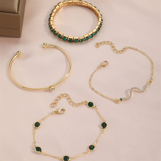 4pcs Bracelet Suit Fashion Green Grandmother Diamond Stretch Bracelet Women's Set