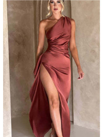 Women's One-Shoulder Satin Slit Dress
