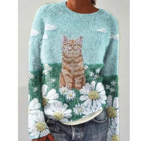 Womens 3D Digital-Print Crew-Neck Long-Sleeve Sweatshirt Top