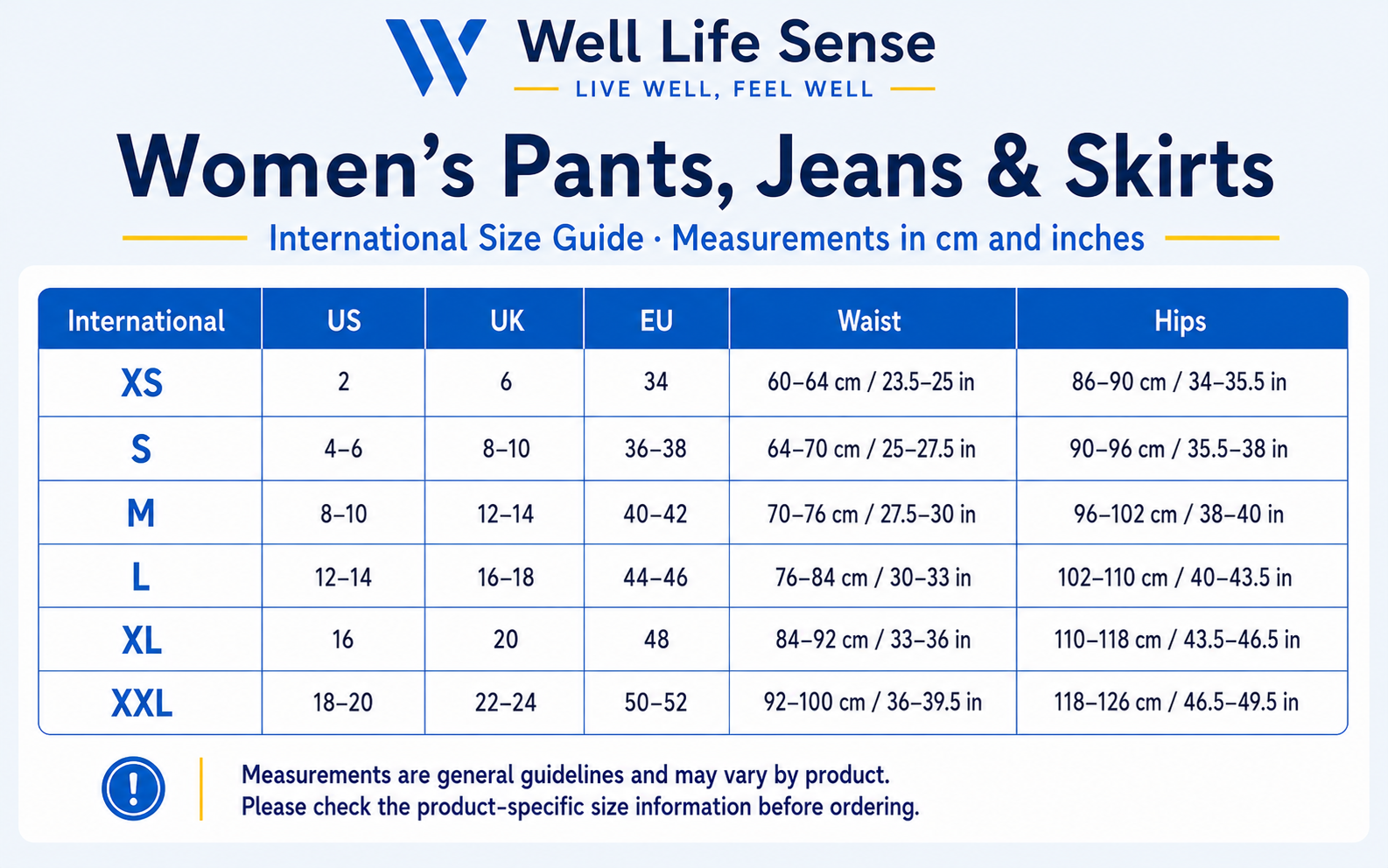 Women’s Pants, Jeans & Skirts Size Guide