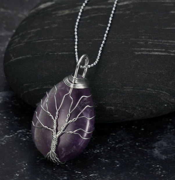 Celtic Tree of Life Pendant Necklace – Teardrop Semi-Precious Stone & Matching Chain