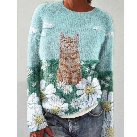 Womens 3D Digital-Print Crew-Neck Long-Sleeve Sweatshirt Top