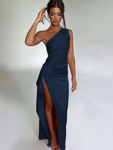 Women's One-Shoulder Satin Slit Dress