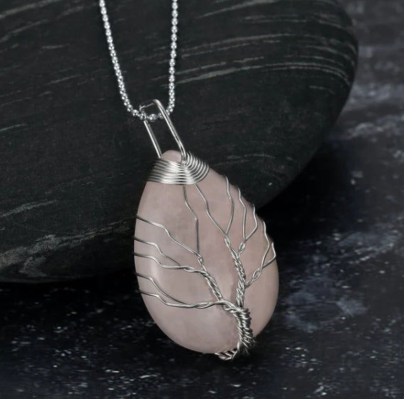 Celtic Tree of Life Pendant Necklace – Teardrop Semi-Precious Stone & Matching Chain