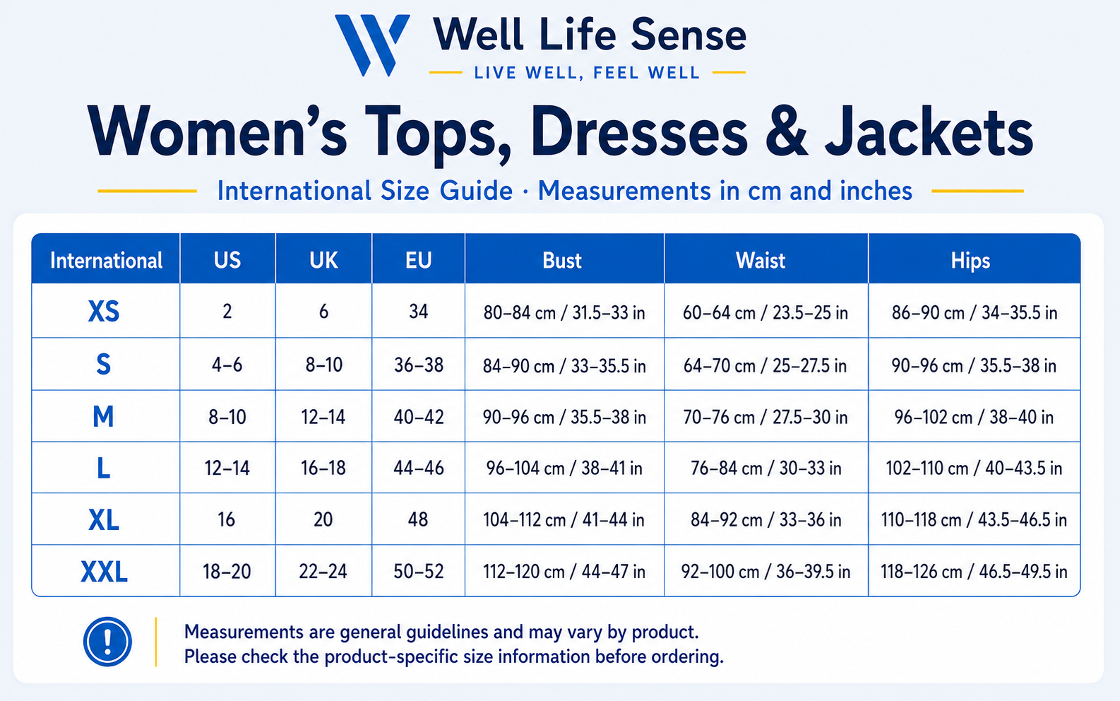 Women’s Tops, Dresses & Jackets Size Guide