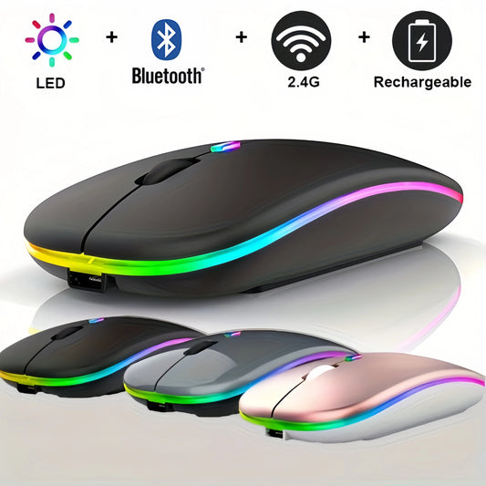 Wireless Mouse Bluetooth and 2.4GHz Dual Mode Rechargeable, 1600 DPI Silent Mouse with 3 Adjustable DPI, 4-Button for Laptop, PC, MacBook, iPad
