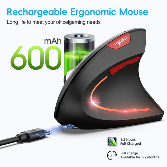 Rechargeable 2.4G Wireless Ergonomic Mouse, Bluetooth 5.1 Vertical Mouse, 2400 DPI Silent Mouse with 6 Adjustable DPI, 6-Button for Laptop, PC, MacBook, iPad