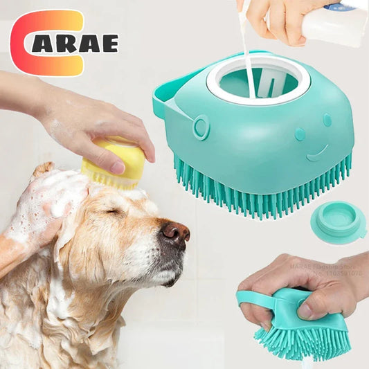 Dog Bath Brush Pet Grooming Brush - Soft Silicone Massage Brush with Shampoo Dispenser, Rubber Bristle for Dogs and Cats Shower Comb Supplies