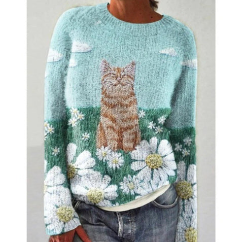 Womens 3D Digital-Print Crew-Neck Long-Sleeve Sweatshirt Top