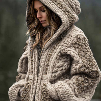 Womens Fashionable Printed Hooded Zip-Up Cardigan Sweater