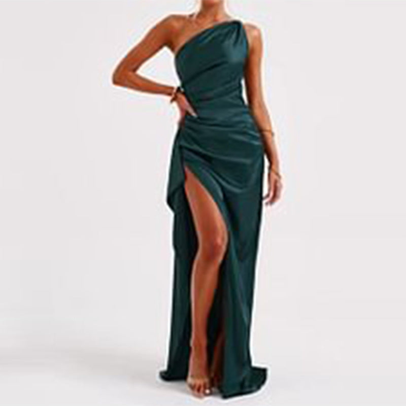 Women's One-Shoulder Satin Slit Dress